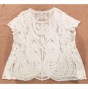 Cato Top Size 14/16W Sheer Floral Open Knit Coverup Festival Boho Pullover